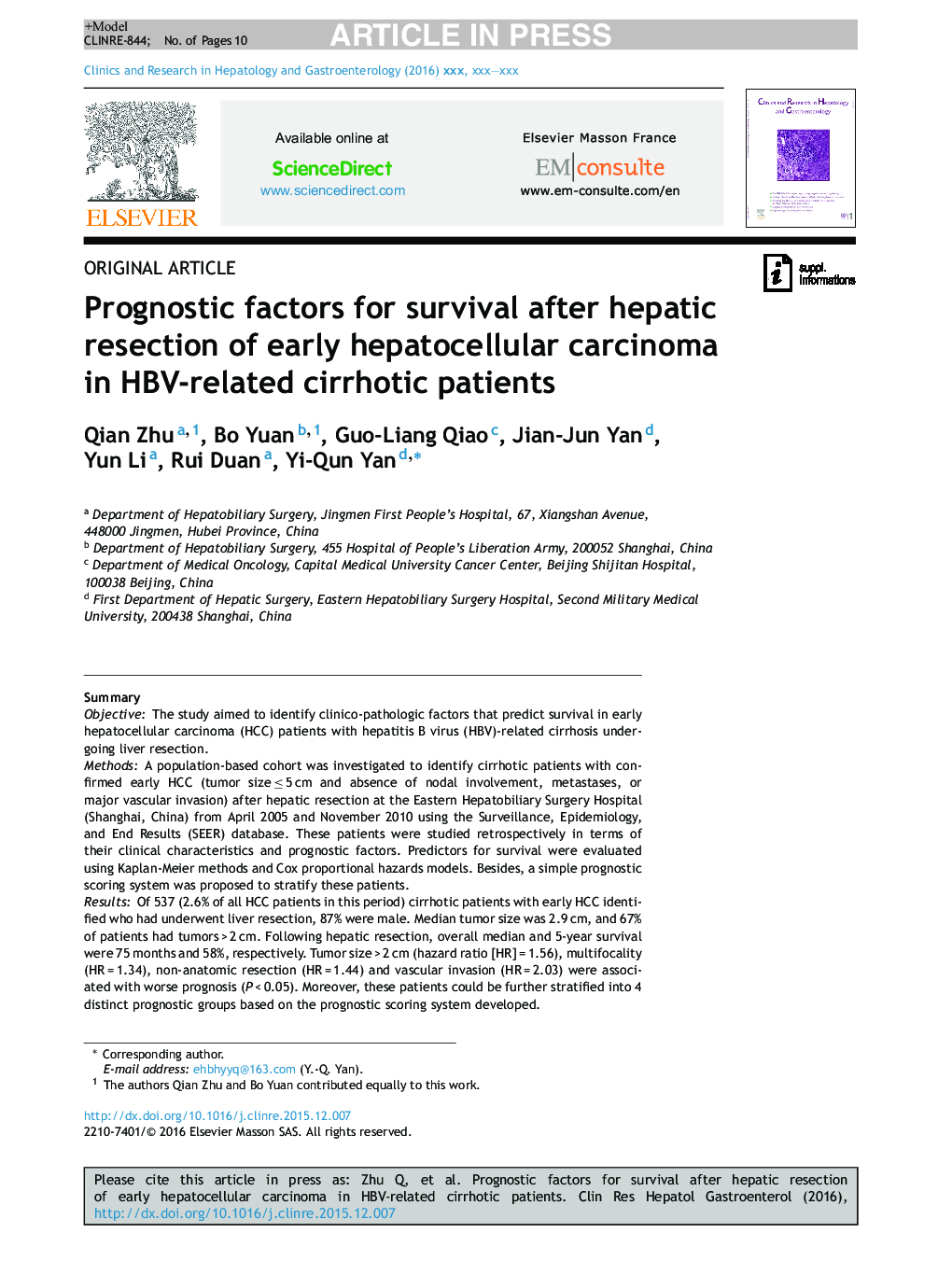 Prognostic factors for survival after hepatic resection of early hepatocellular carcinoma in HBV-related cirrhotic patients