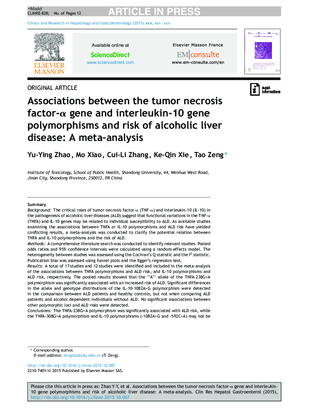 Associations between the tumor necrosis factor-Î± gene and interleukin-10 gene polymorphisms and risk of alcoholic liver disease: A meta-analysis