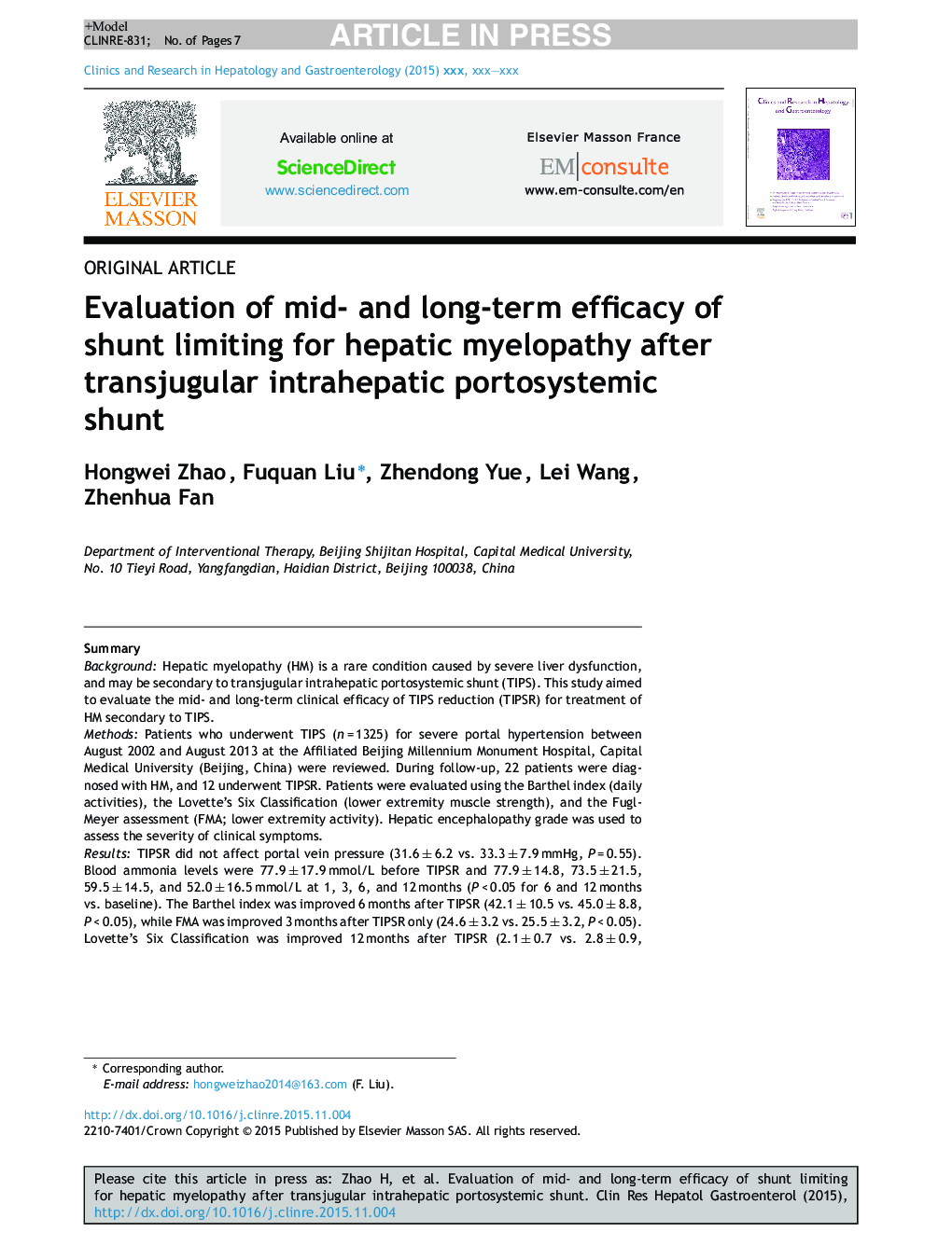 Evaluation of mid- and long-term efficacy of shunt limiting for hepatic myelopathy after transjugular intrahepatic portosystemic shunt