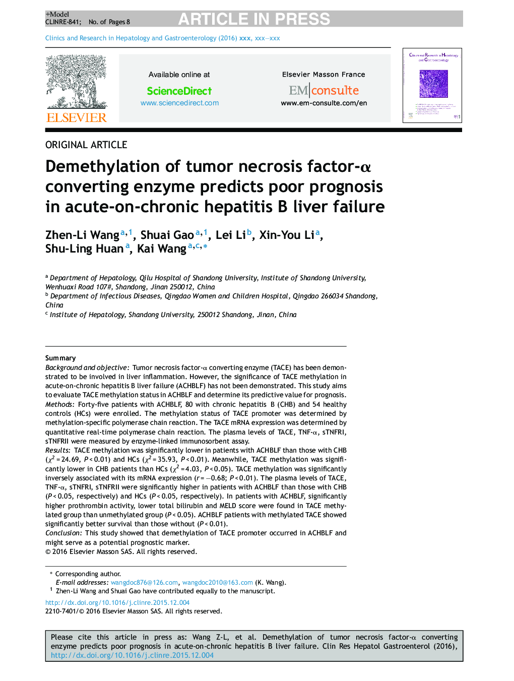 Demethylation of tumor necrosis factor-Î± converting enzyme predicts poor prognosis in acute-on-chronic hepatitis B liver failure