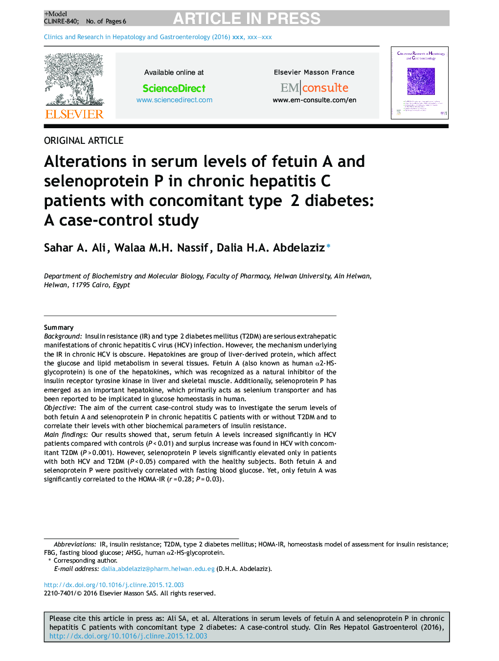 Alterations in serum levels of fetuin A and selenoprotein P in chronic hepatitis C patients with concomitant typeÂ 2 diabetes: A case-control study