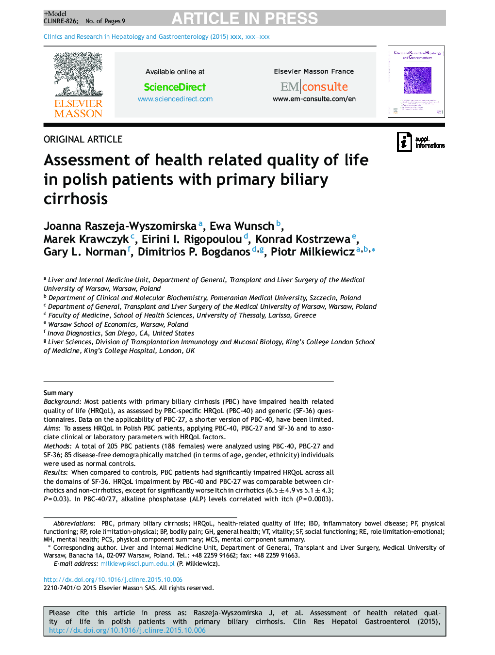 Assessment of health related quality of life in polish patients with primary biliary cirrhosis