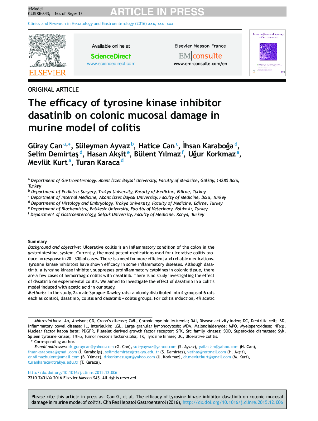 The efficacy of tyrosine kinase inhibitor dasatinib on colonic mucosal damage in murine model of colitis