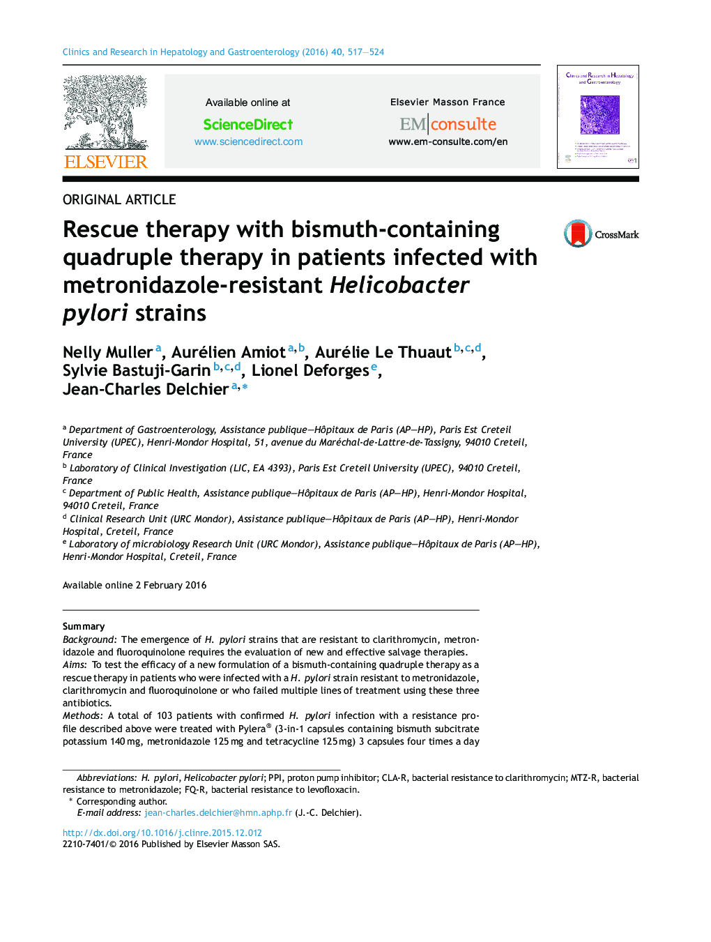 Rescue therapy with bismuth-containing quadruple therapy in patients infected with metronidazole-resistant Helicobacter pylori strains