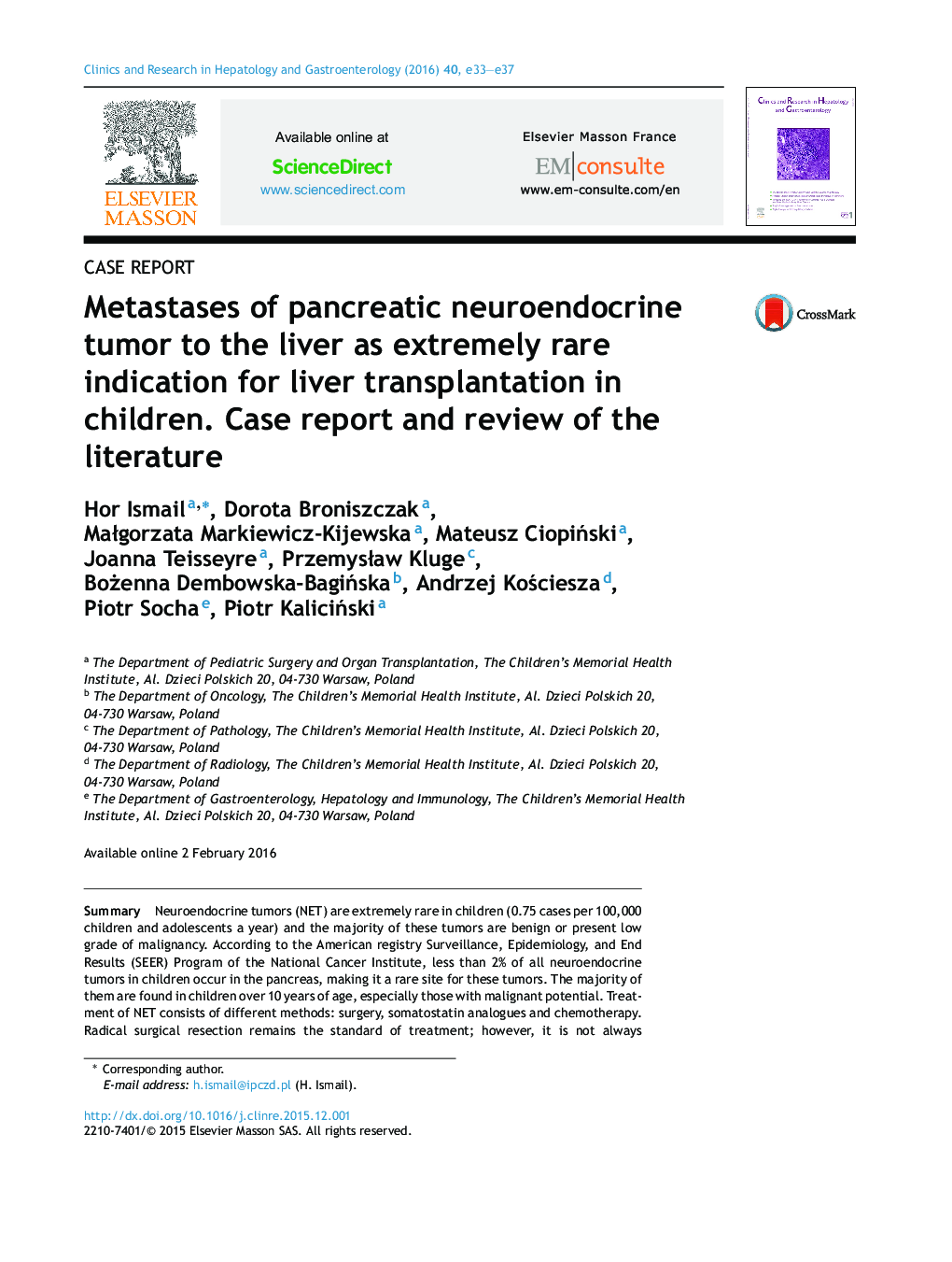 Metastases of pancreatic neuroendocrine tumor to the liver as extremely rare indication for liver transplantation in children. Case report and review of the literature