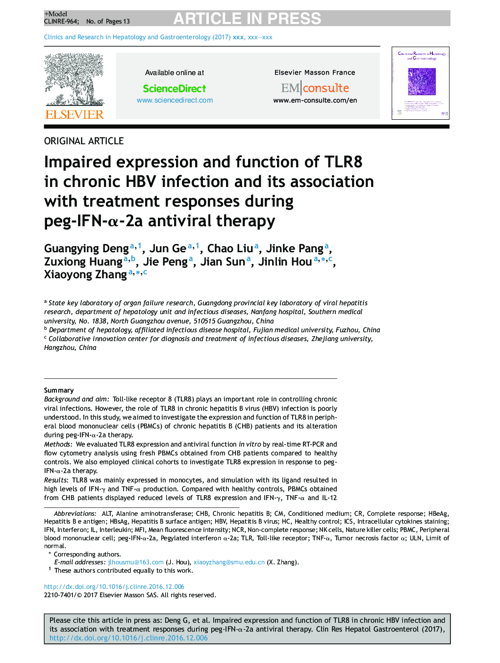 Impaired expression and function of TLR8 in chronic HBV infection and its association with treatment responses during peg-IFN-Î±-2a antiviral therapy