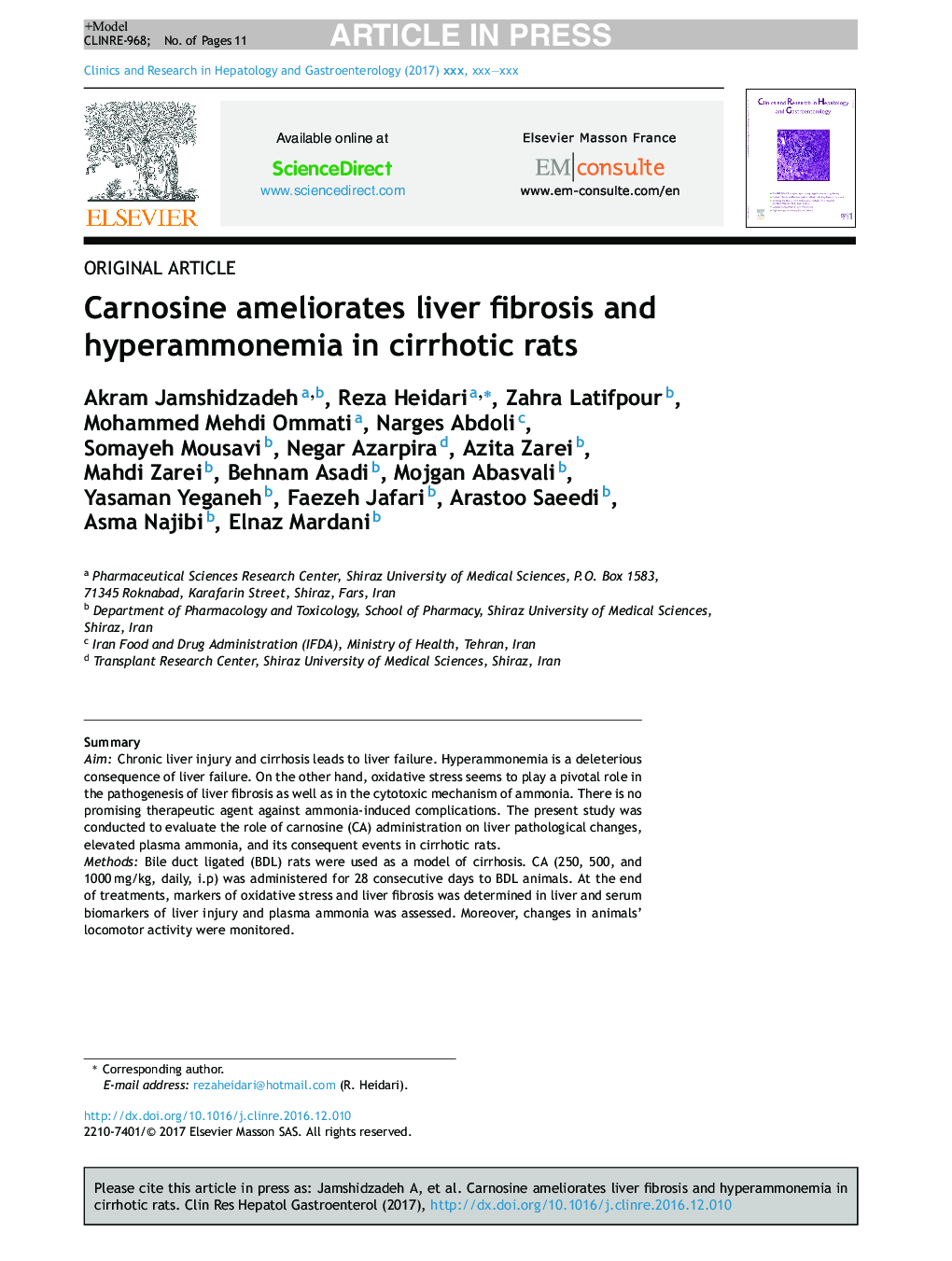 Carnosine ameliorates liver fibrosis and hyperammonemia in cirrhotic rats