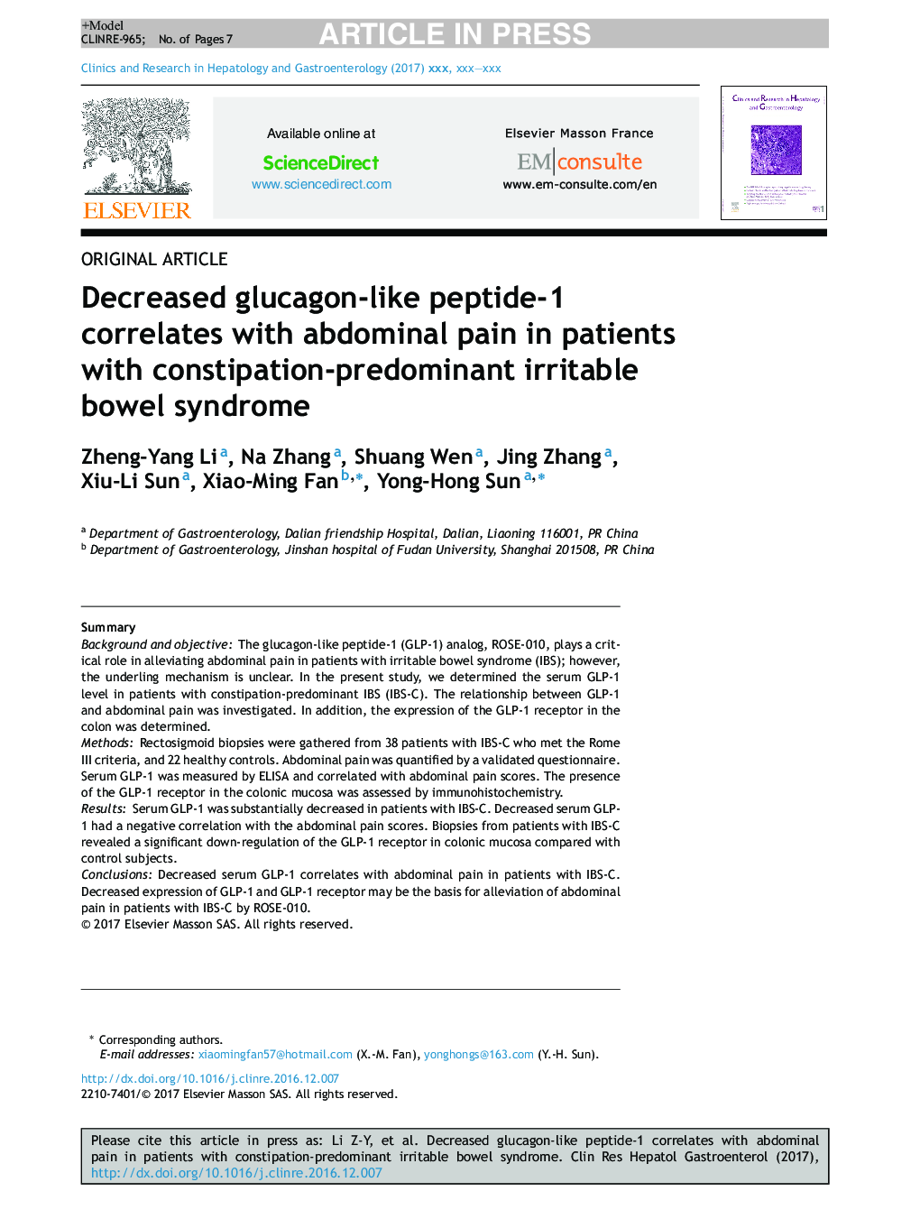 Decreased glucagon-like peptide-1 correlates with abdominal pain in patients with constipation-predominant irritable bowel syndrome