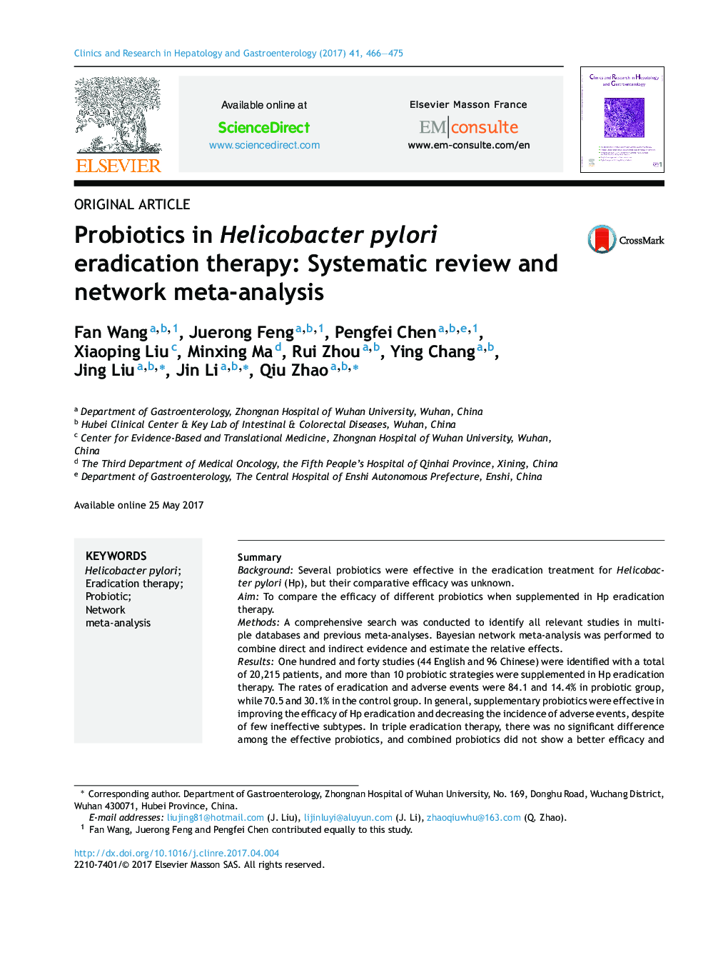 Probiotics in HelicobacterÂ pylori eradication therapy: Systematic review and network meta-analysis