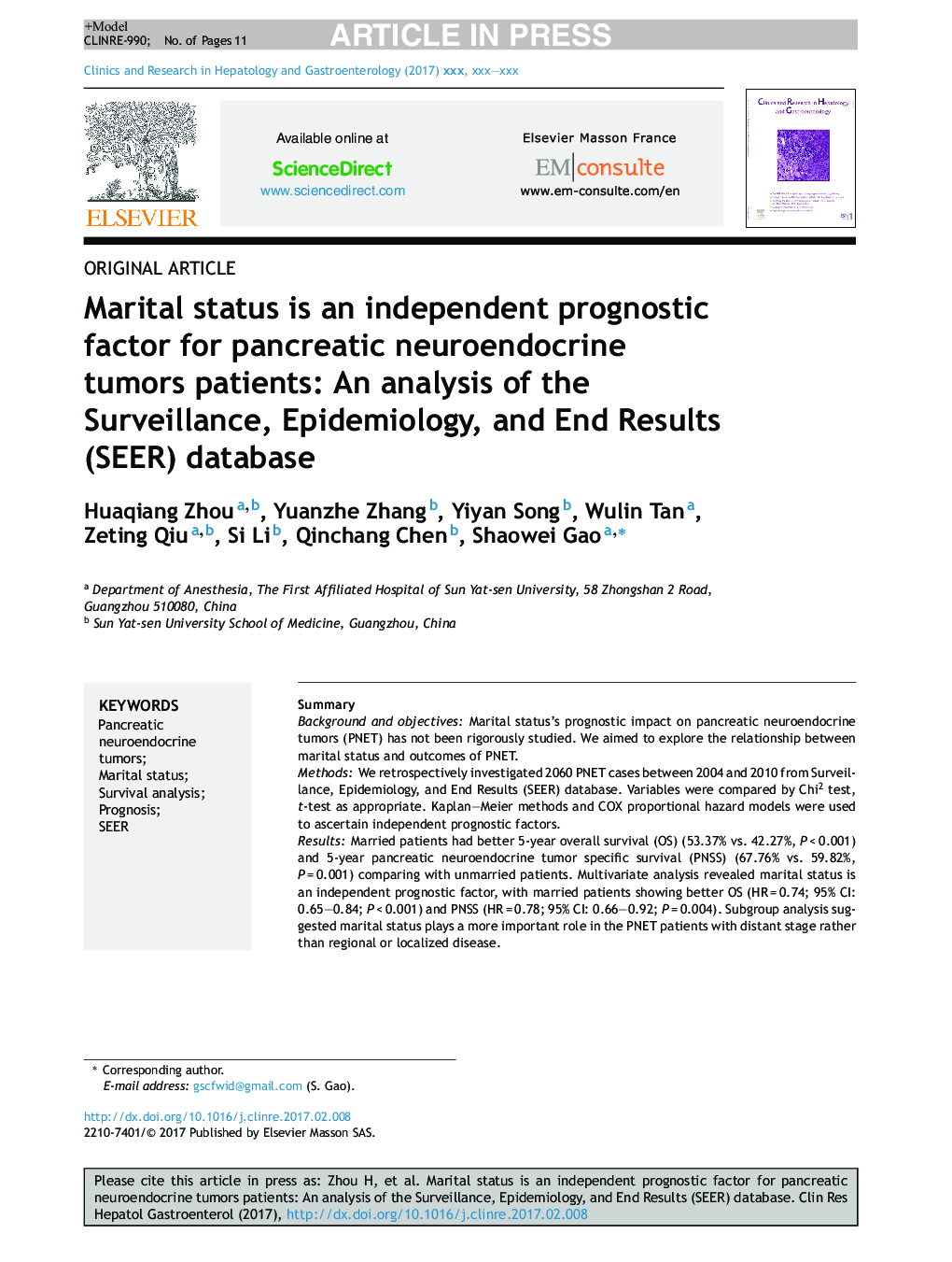 Marital status is an independent prognostic factor for pancreatic neuroendocrine tumors patients: An analysis of the Surveillance, Epidemiology, and End Results (SEER) database