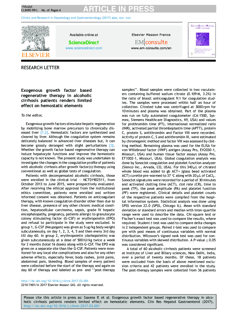 Exogenous growth factor based regenerative therapy in alcoholic cirrhosis patients renders limited effect on hemostatic elements