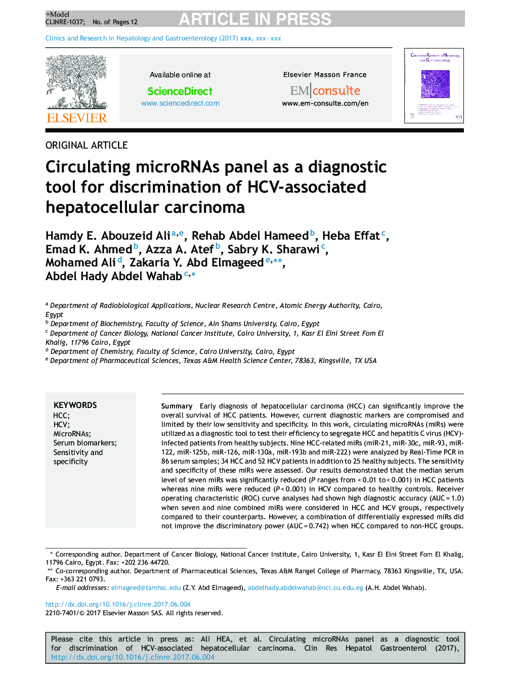 Circulating microRNAs panel as a diagnostic tool for discrimination of HCV-associated hepatocellular carcinoma