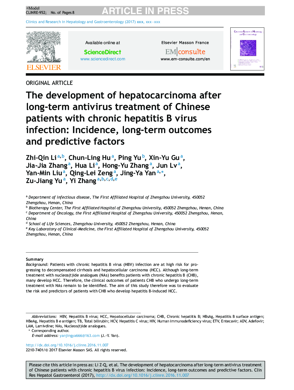 The development of hepatocarcinoma after long-term antivirus treatment of Chinese patients with chronic hepatitis B virus infection: Incidence, long-term outcomes and predictive factors