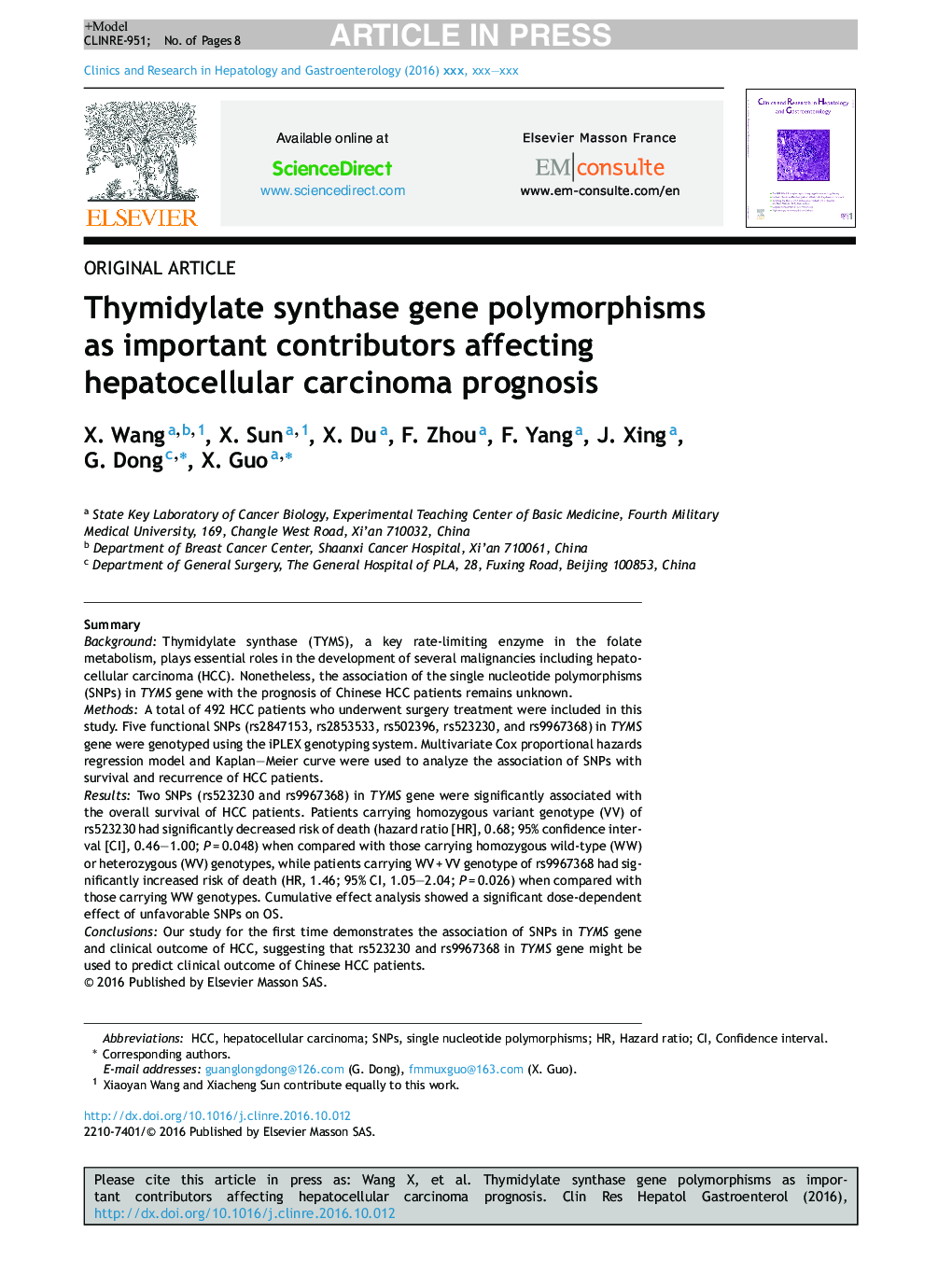 Thymidylate synthase gene polymorphisms as important contributors affecting hepatocellular carcinoma prognosis