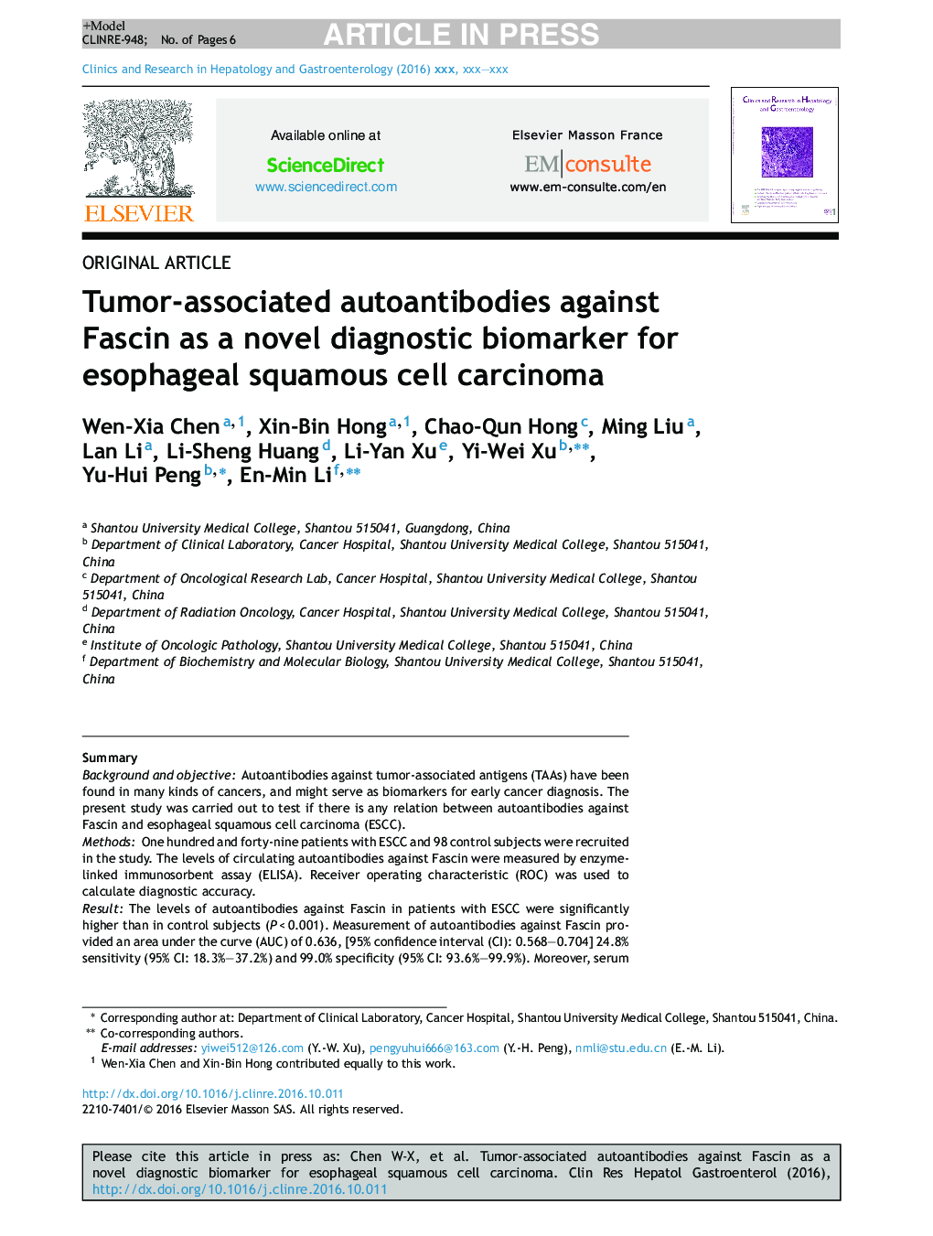 Tumor-associated autoantibodies against Fascin as a novel diagnostic biomarker for esophageal squamous cell carcinoma