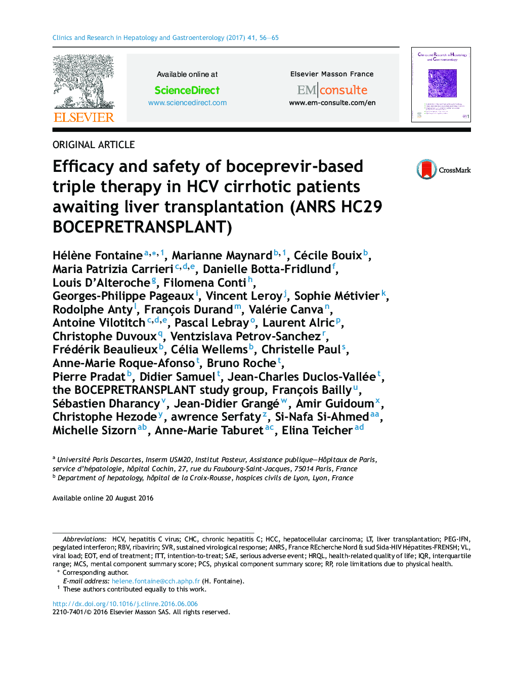 Efficacy and safety of boceprevir-based triple therapy in HCV cirrhotic patients awaiting liver transplantation (ANRS HC29 BOCEPRETRANSPLANT)