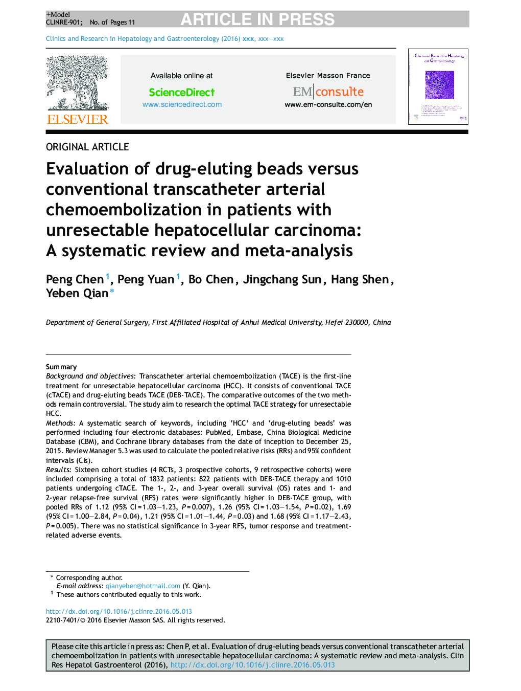 Evaluation of drug-eluting beads versus conventional transcatheter arterial chemoembolization in patients with unresectable hepatocellular carcinoma: A systematic review and meta-analysis