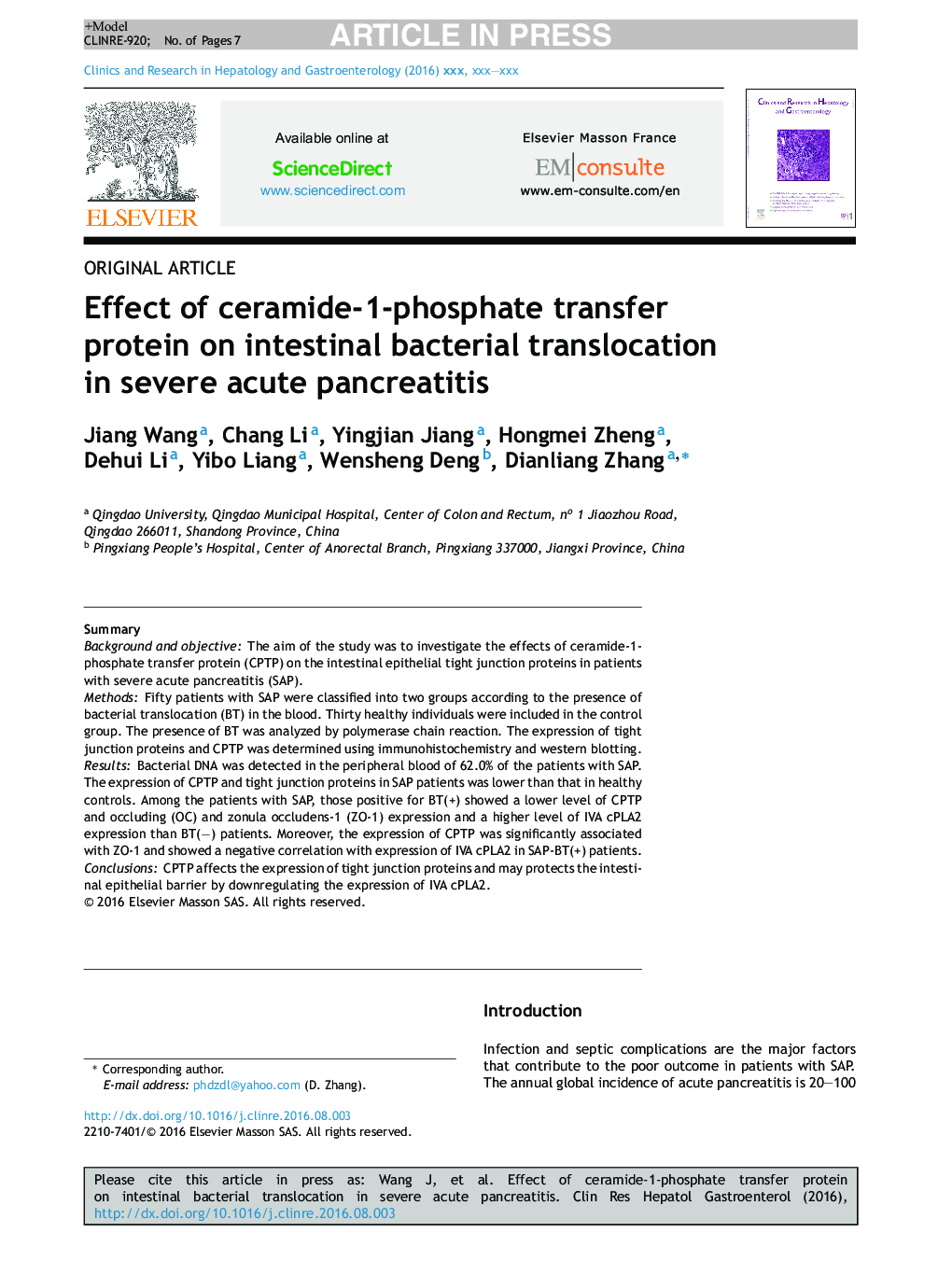 Effect of ceramide-1-phosphate transfer protein on intestinal bacterial translocation in severe acute pancreatitis