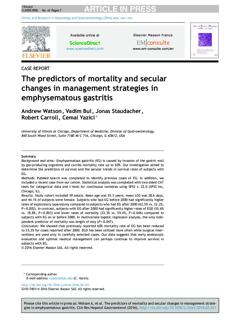 The predictors of mortality and secular changes in management strategies in emphysematous gastritis