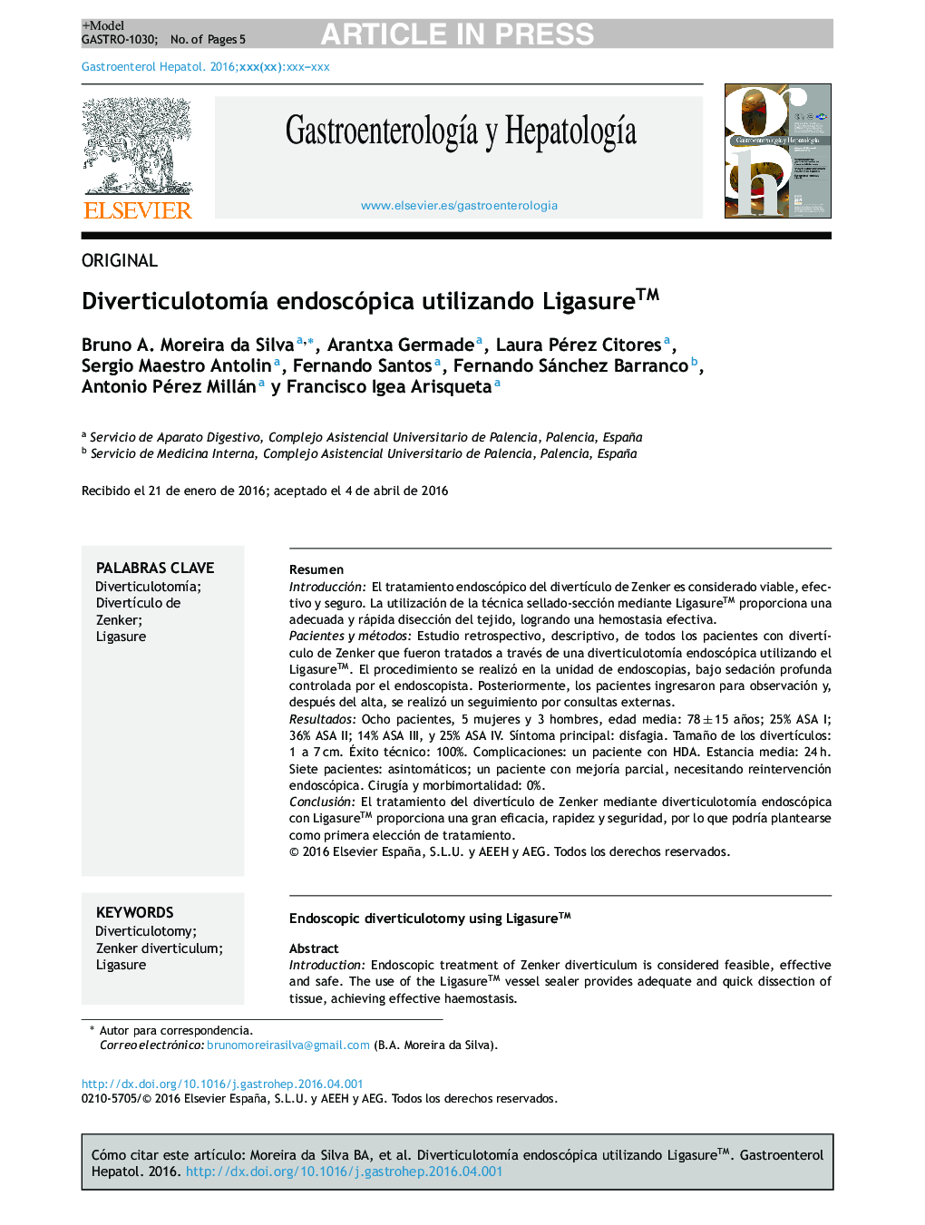 عکس صفحه اول مقاله: DiverticulotomÃa endoscópica utilizando Ligasure⢠DiverticulotomÃa endoscópica utilizando Ligasureâ¢