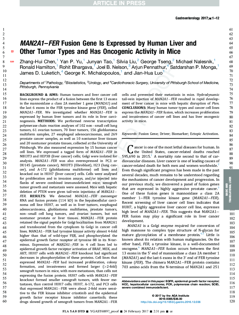 MAN2A1-FER Fusion Gene Is Expressed by Human Liver and Other Tumor Types and Has Oncogenic Activity in Mice