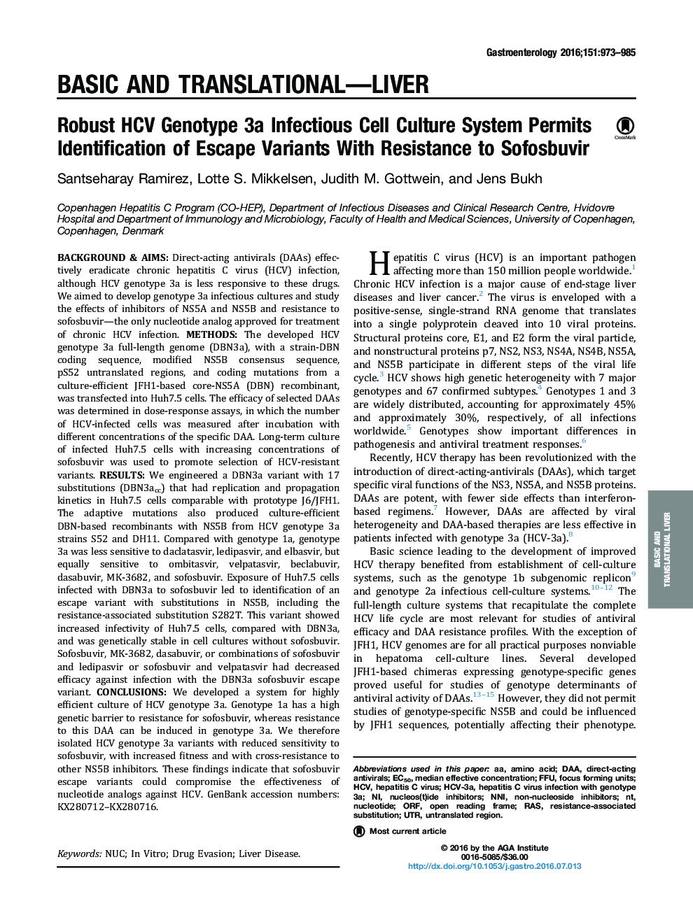 Robust HCV Genotype 3a Infectious Cell Culture System Permits Identification of Escape Variants With Resistance to Sofosbuvir