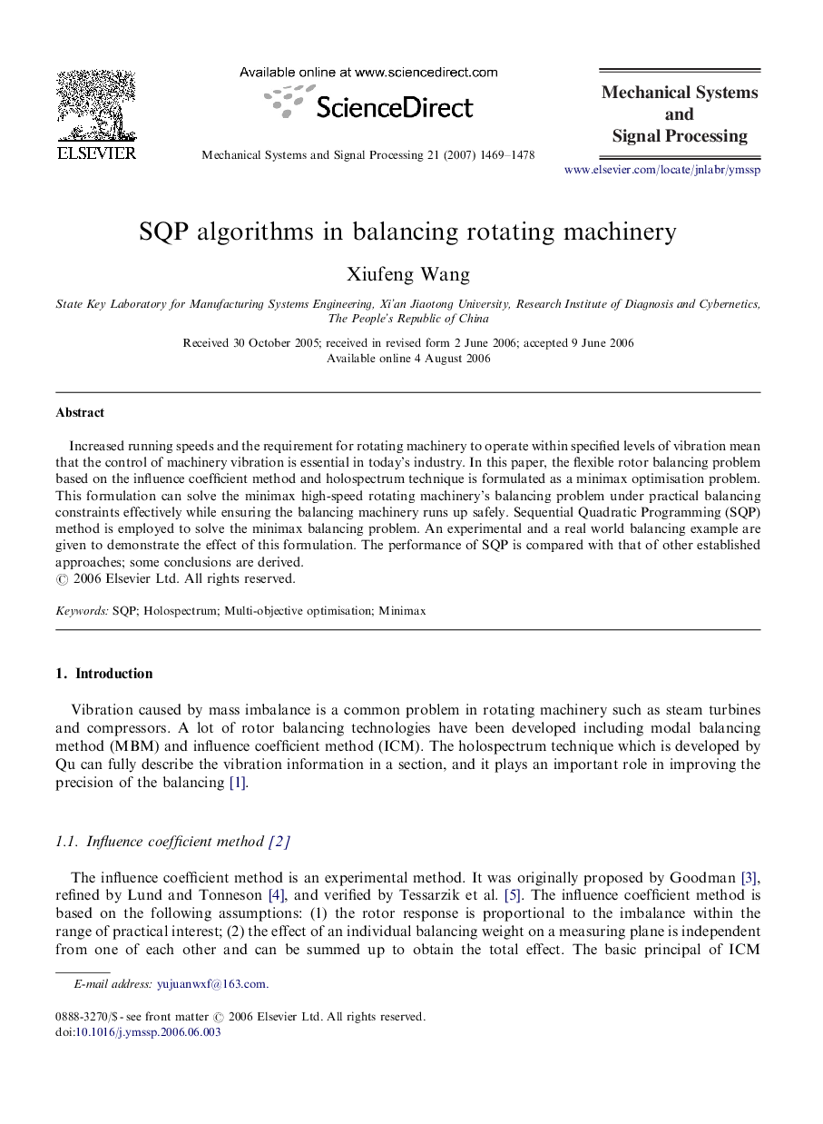 SQP algorithms in balancing rotating machinery