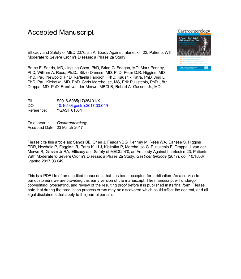 Efficacy and Safety of MEDI2070, an Antibody Against Interleukin 23, in Patients With Moderate to Severe Crohn's Disease: A Phase 2a Study