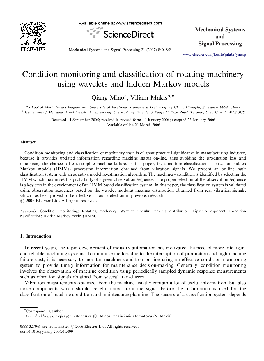 Condition monitoring and classification of rotating machinery using wavelets and hidden Markov models