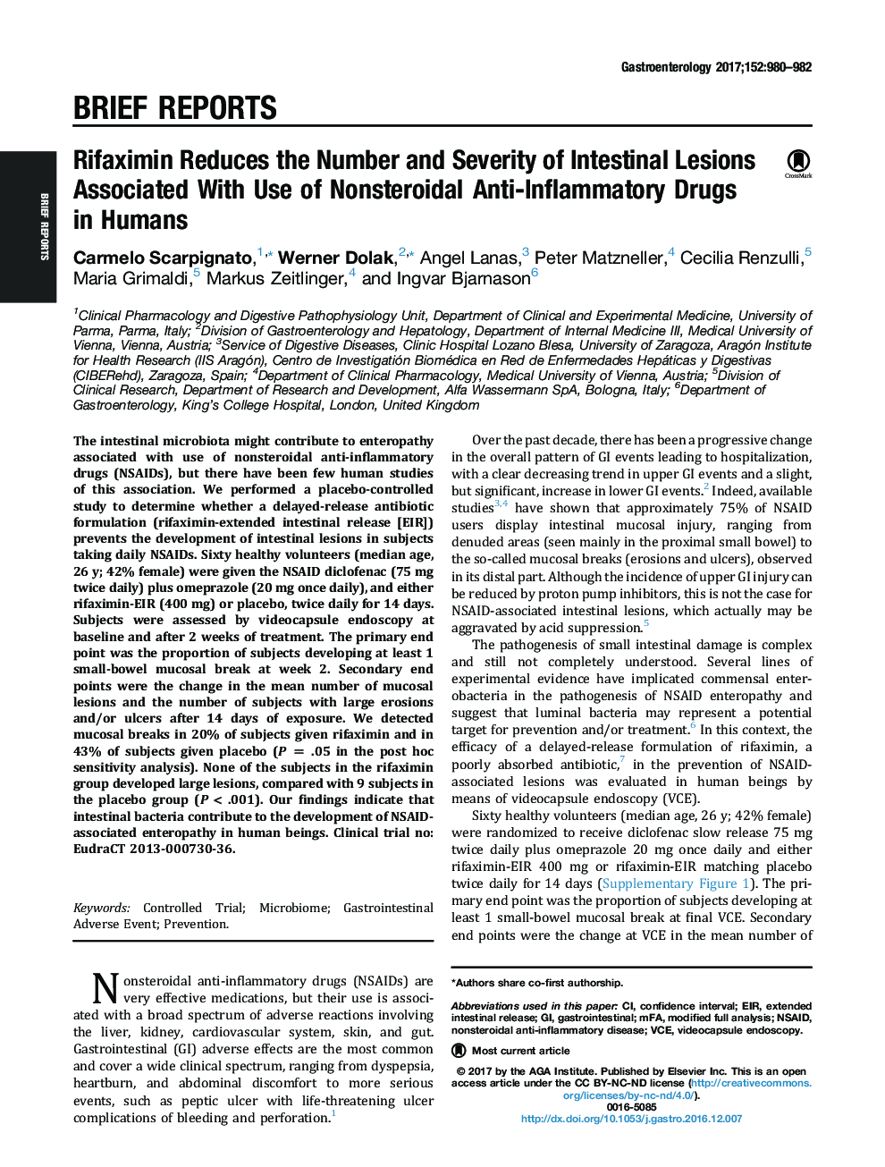 Rifaximin Reduces the Number and Severity of Intestinal Lesions Associated With Use of Nonsteroidal Anti-Inflammatory Drugs inÂ Humans