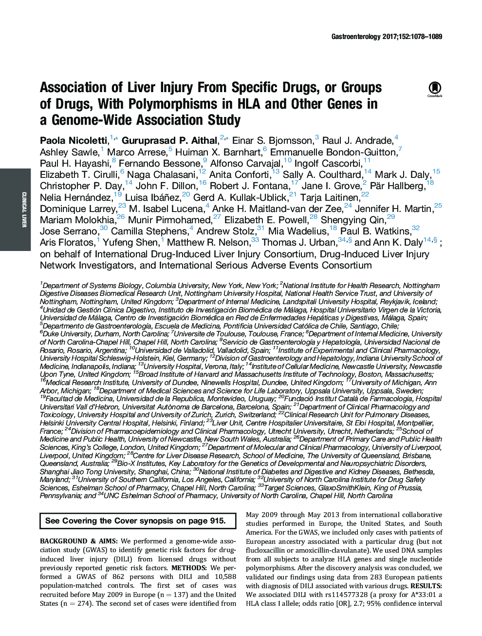 Association of Liver Injury From Specific Drugs, or Groups ofÂ Drugs, With Polymorphisms in HLA and Other Genes in aÂ Genome-Wide Association Study