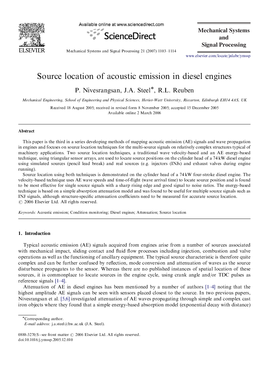 Source location of acoustic emission in diesel engines