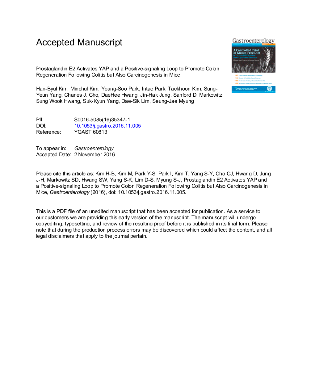عکس صفحه اول مقاله: Prostaglandin E2 Activates YAP and a Positive-Signaling Loop to Promote Colon Regeneration After Colitis but Also Carcinogenesis in Mice Prostaglandin E2 Activates YAP and a Positive-Signaling Loop to Promote Colon Regeneration After Colitis but Also Carcinogenesis in Mice