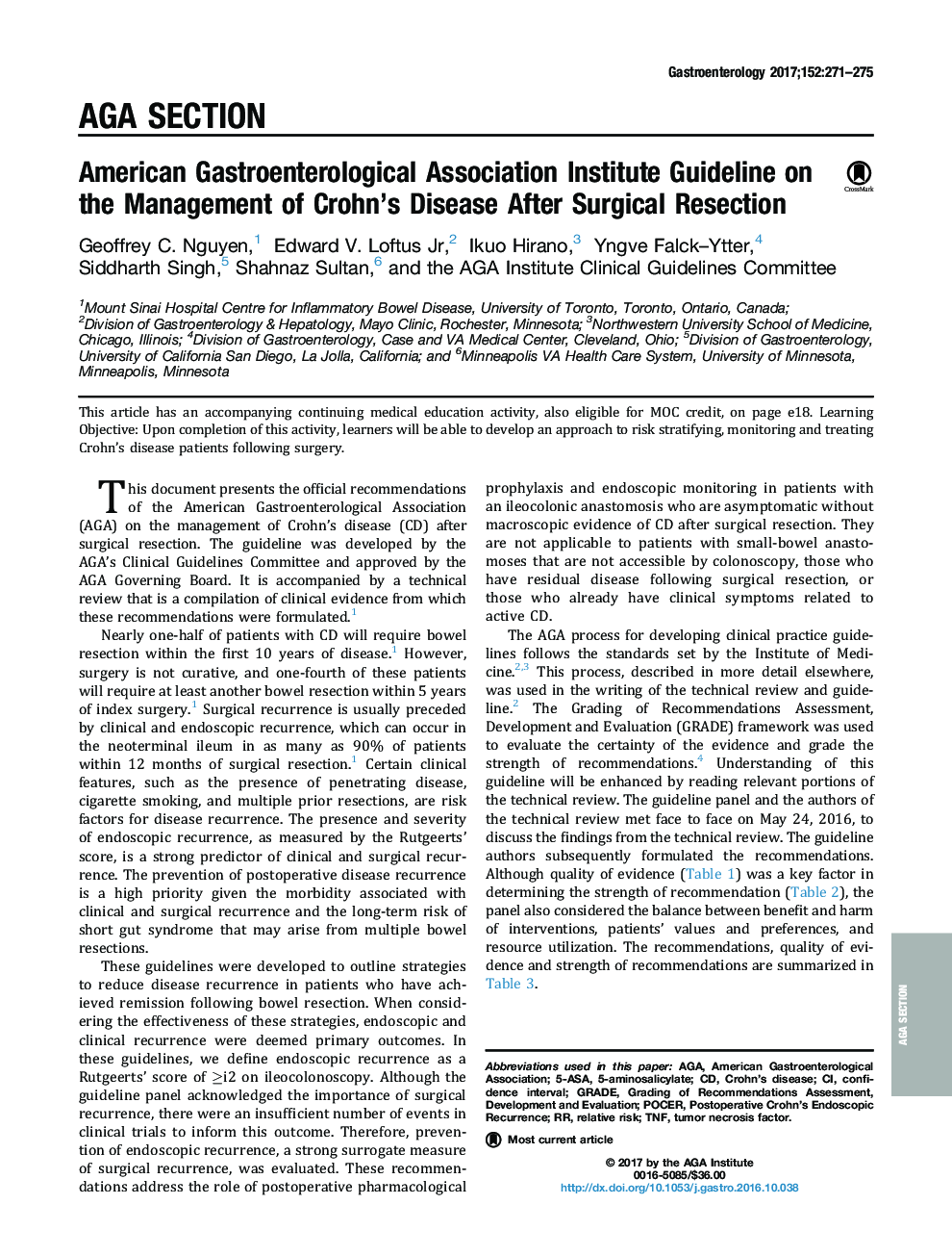 American Gastroenterological Association Institute Guideline on the Management of Crohn's Disease After Surgical Resection