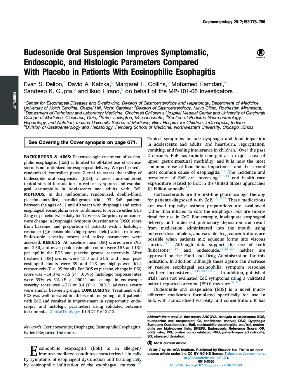 Budesonide Oral Suspension Improves Symptomatic, Endoscopic, and Histologic Parameters Compared WithÂ PlaceboÂ in Patients With Eosinophilic Esophagitis