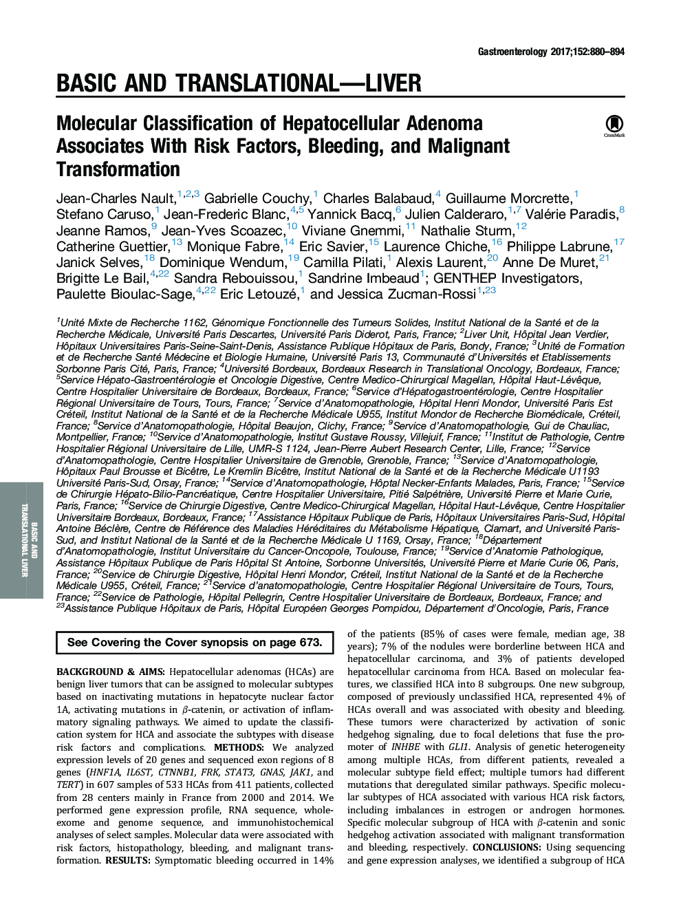 Molecular Classification of Hepatocellular Adenoma AssociatesÂ With Risk Factors, Bleeding, and Malignant Transformation