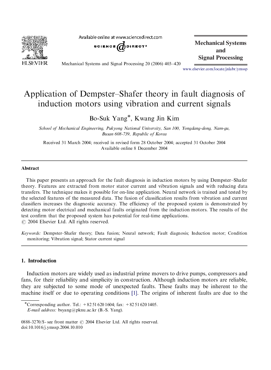 Application of Dempster–Shafer theory in fault diagnosis of induction motors using vibration and current signals