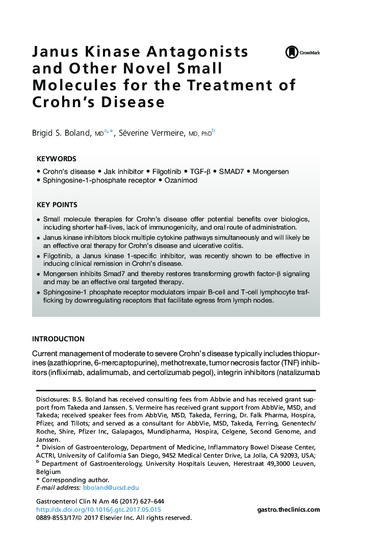 Janus Kinase Antagonists and Other Novel Small Molecules for the Treatment of Crohn's Disease