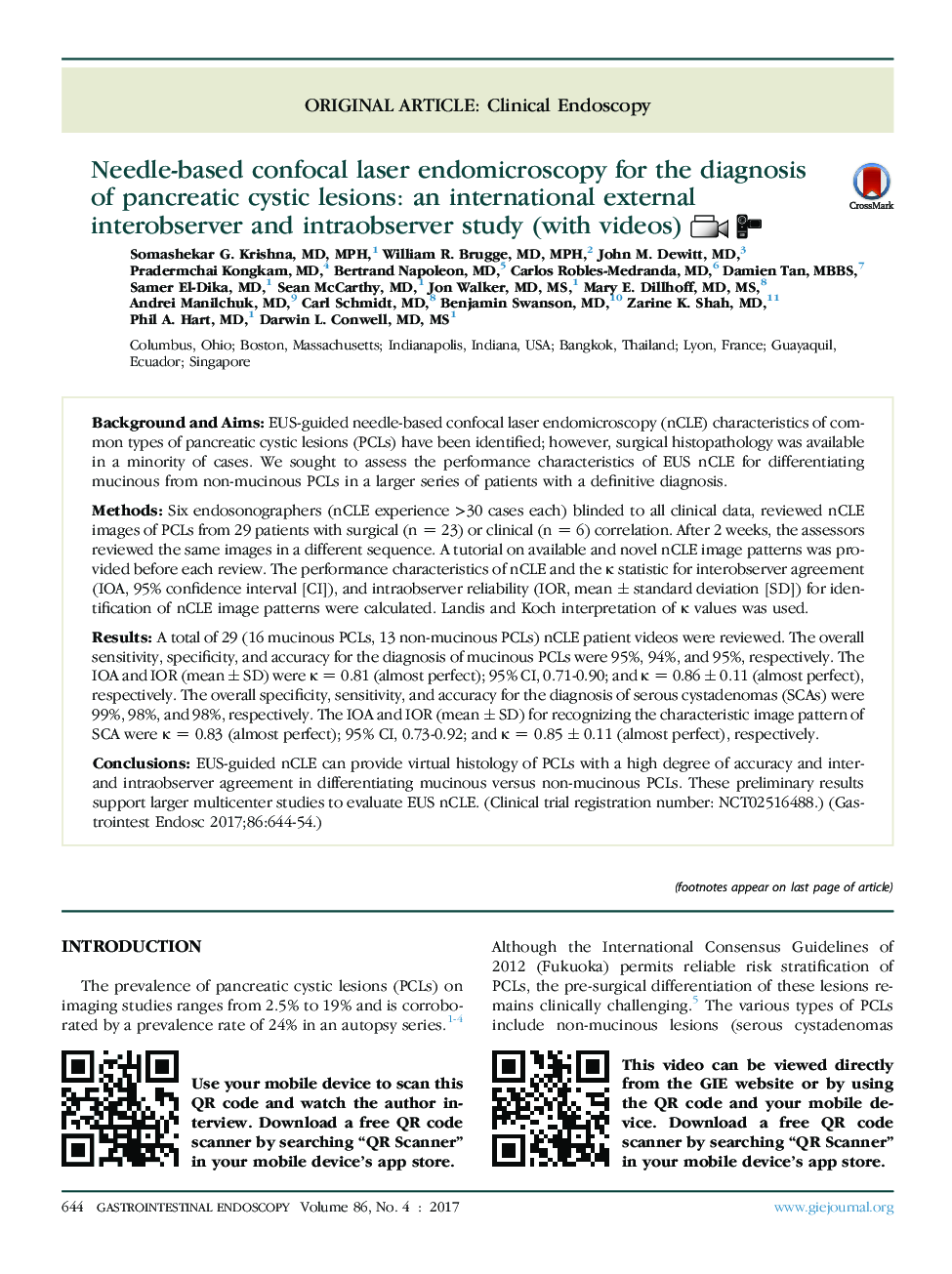 Needle-based confocal laser endomicroscopy for the diagnosis of pancreatic cystic lesions: an international external interobserver and intraobserver study (with videos)