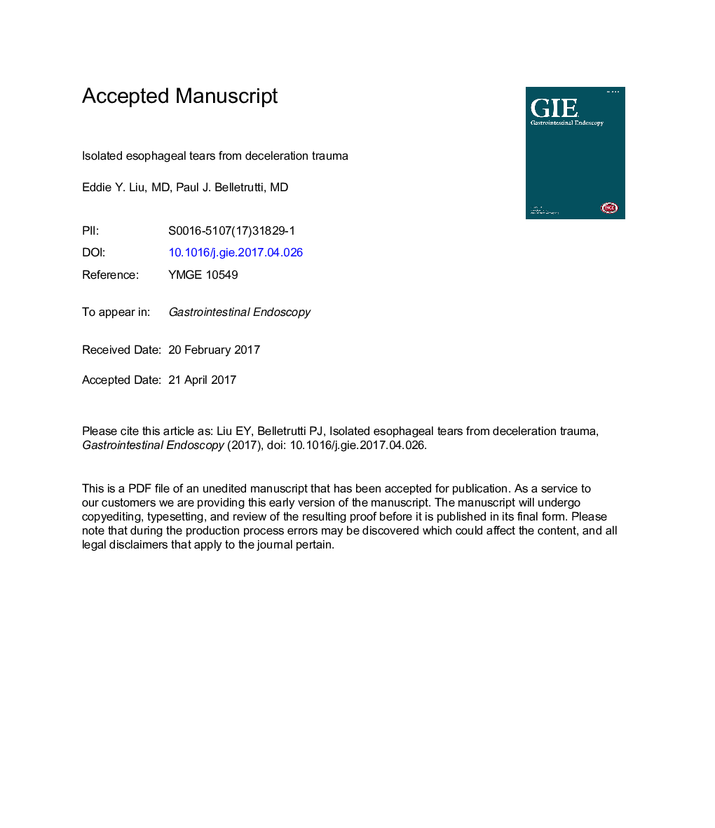 Isolated esophageal tears from deceleration trauma