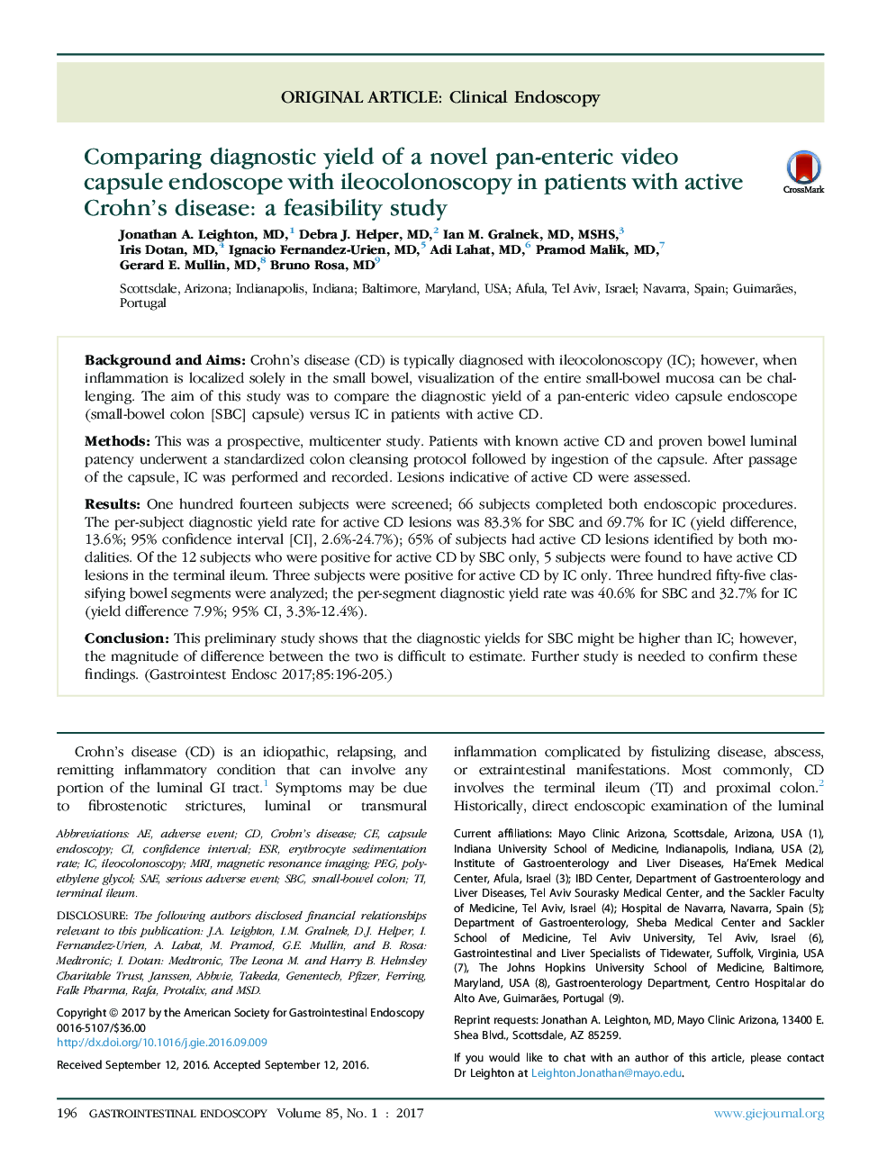 Comparing diagnostic yield of a novel pan-enteric video capsule endoscope with ileocolonoscopy in patients with active Crohn's disease: a feasibility study