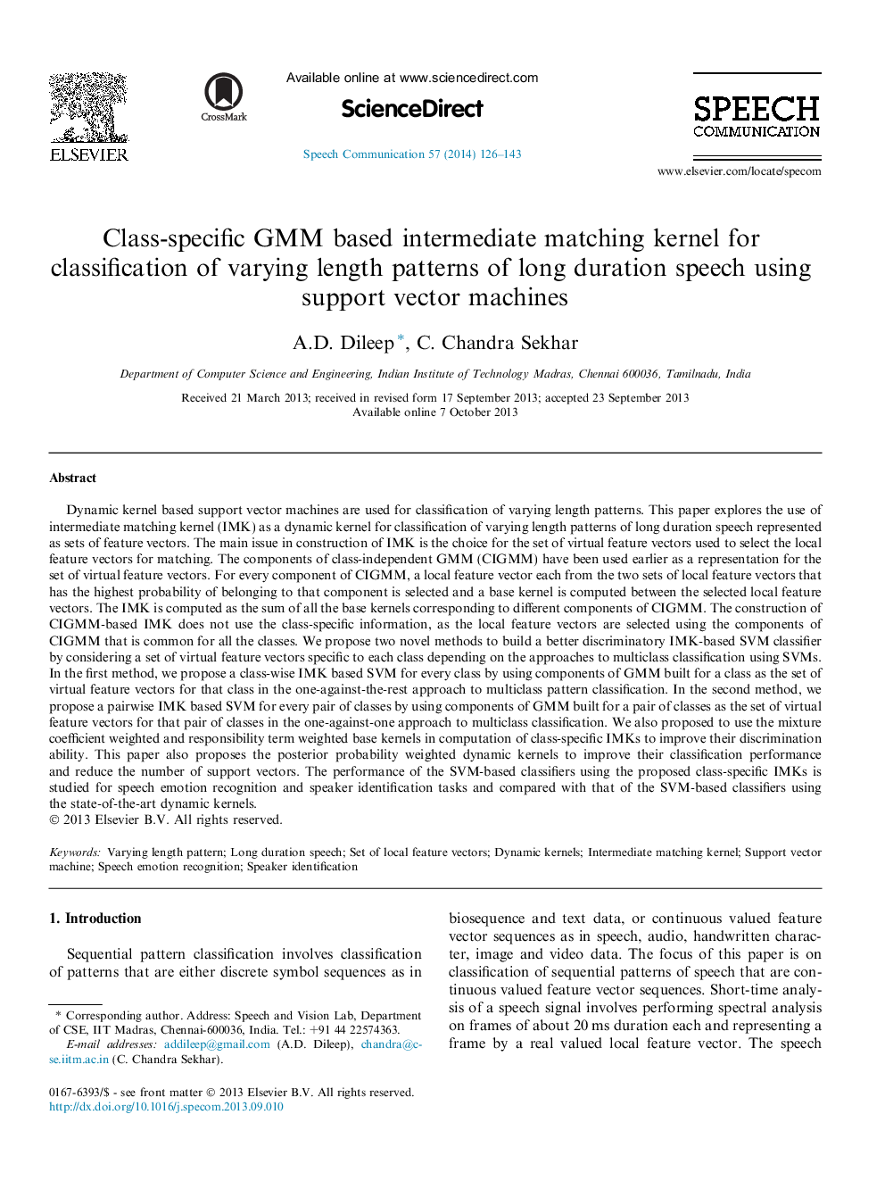 Class-specific GMM based intermediate matching kernel for classification of varying length patterns of long duration speech using support vector machines