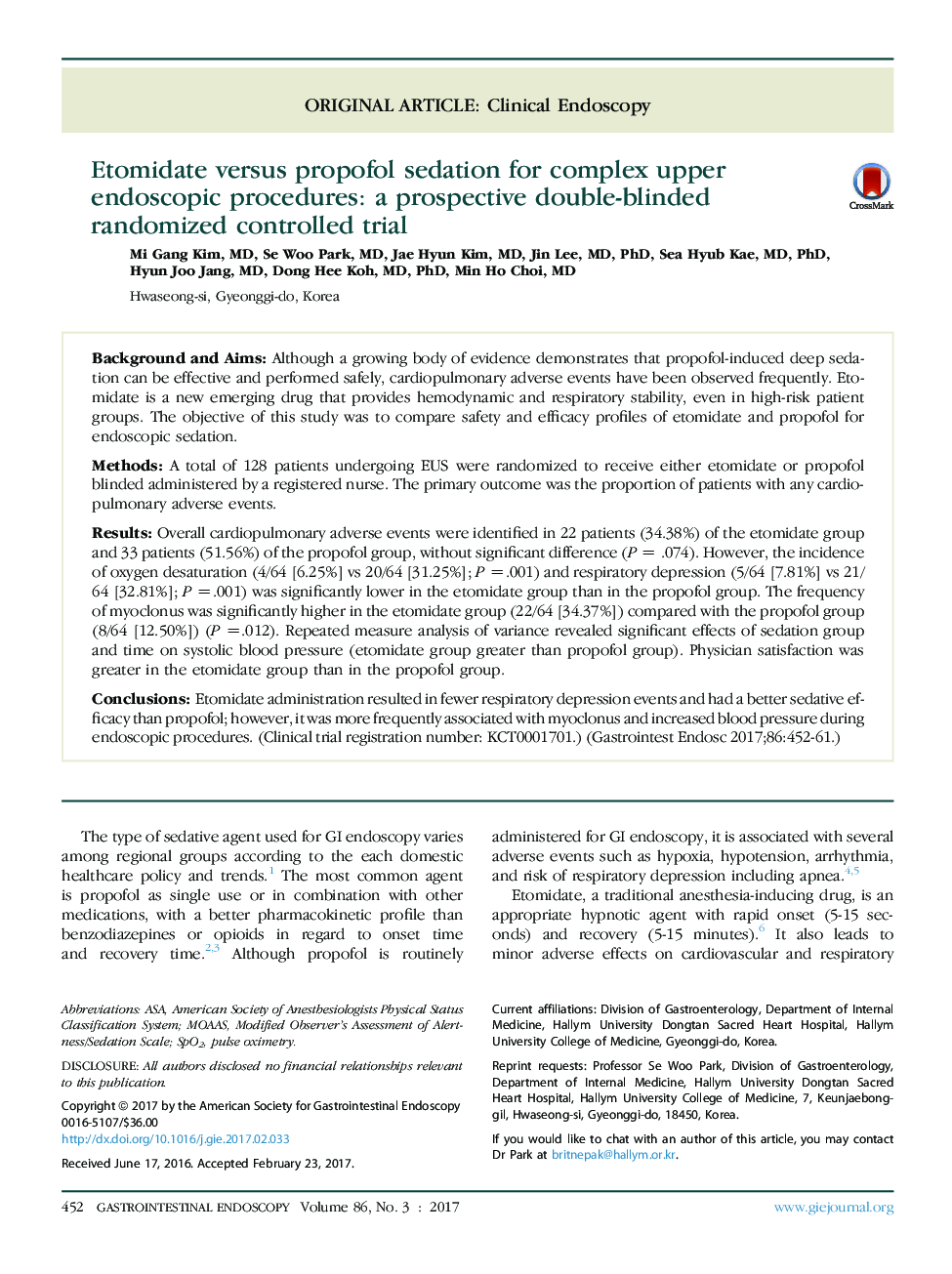 Etomidate versus propofol sedation for complex upper endoscopic procedures: a prospective double-blinded randomized controlled trial