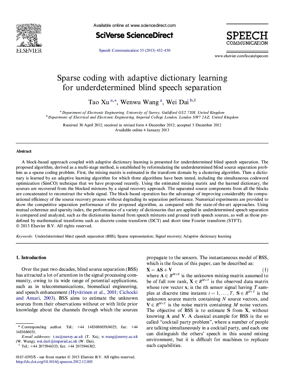 Sparse coding with adaptive dictionary learning for underdetermined blind speech separation