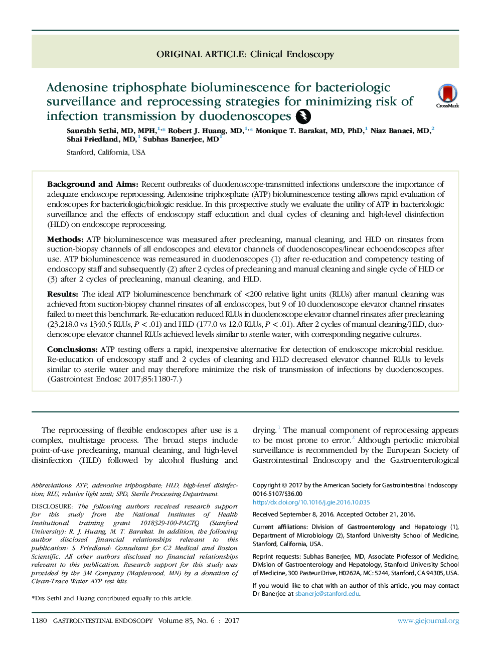 Adenosine triphosphate bioluminescence for bacteriologic surveillance and reprocessing strategies for minimizing risk of infection transmission by duodenoscopes