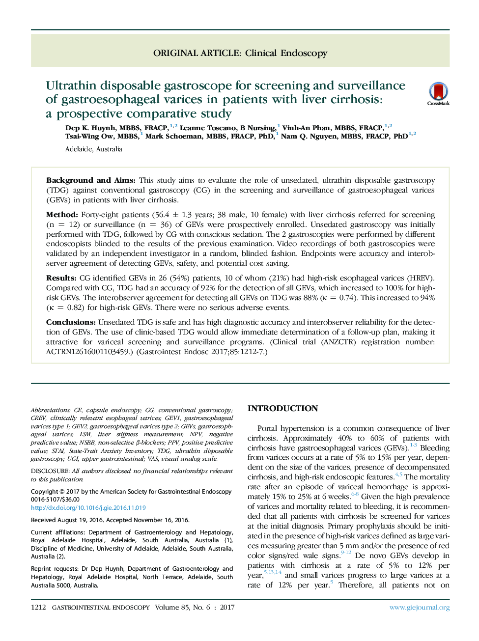 Ultrathin disposable gastroscope for screening and surveillance of gastroesophageal varices in patients with liver cirrhosis: aÂ prospective comparative study