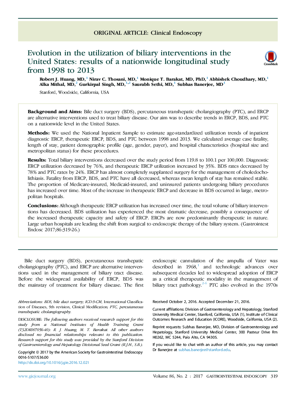 Evolution in the utilization of biliary interventions in the United States: results of a nationwide longitudinal study fromÂ 1998 to 2013