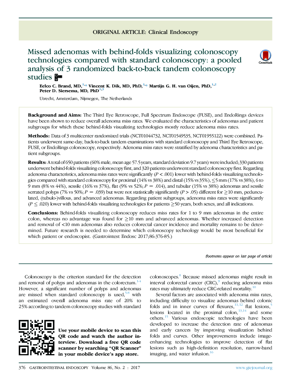 Missed adenomas with behind-folds visualizing colonoscopy technologies compared with standard colonoscopy: a pooled analysis of 3 randomized back-to-back tandem colonoscopy studies