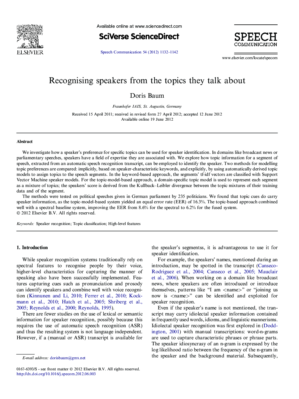 Recognising speakers from the topics they talk about