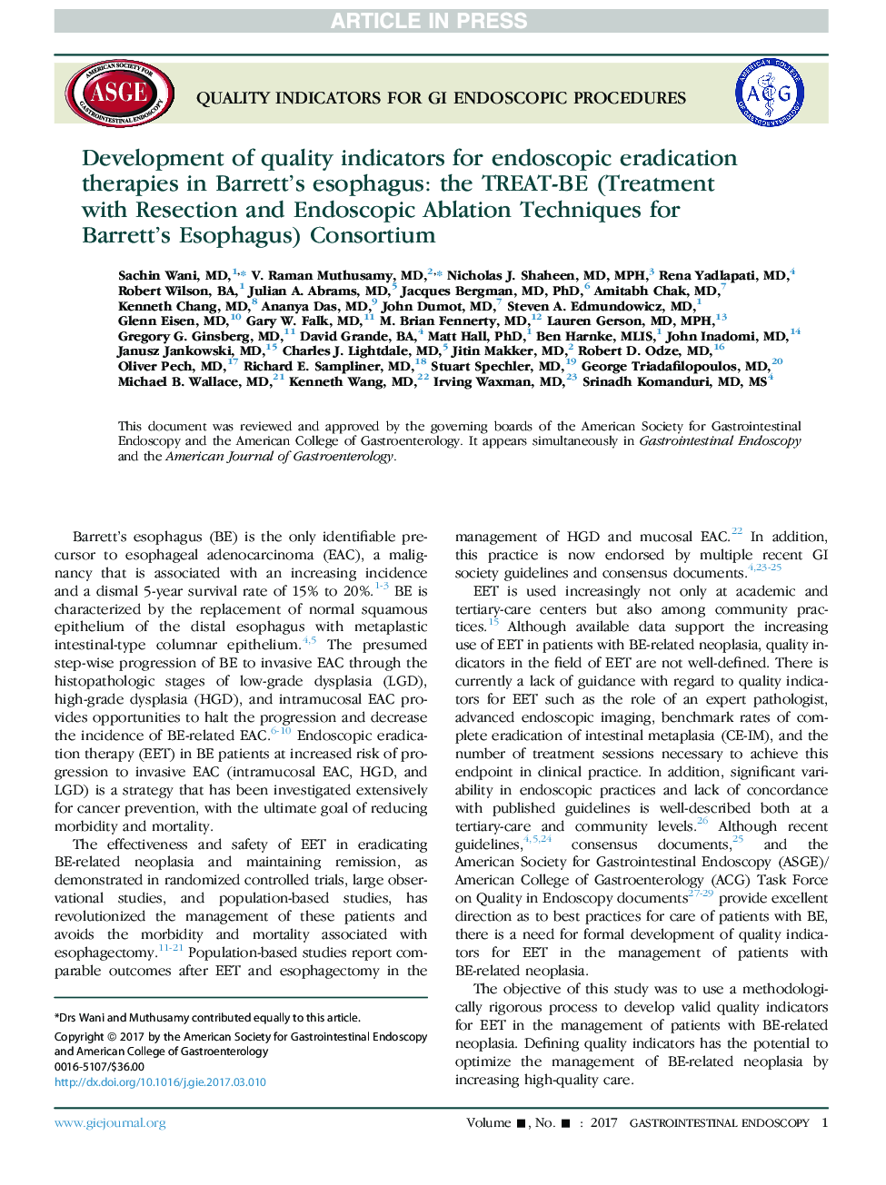 Development of quality indicators for endoscopic eradication therapies in Barrett's esophagus: the TREAT-BE (Treatment with Resection and Endoscopic Ablation Techniques for Barrett's Esophagus) Consortium